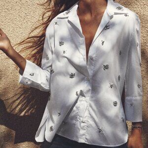ZARA - Rhinestone Poplin White Shirt - XL